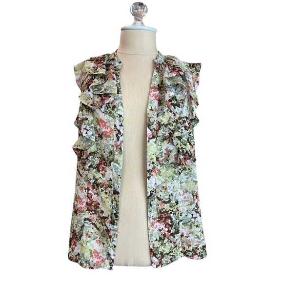 Sunny Leigh Floral Green Coral White Button Down Flowy Chiffon Blouse in Medium - Picture 5 of 10